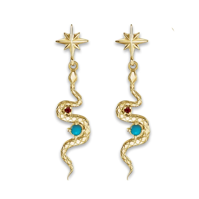 Pair of 14K yellow gold snake drop earrings with natural turquoise and ruby, star stud top, front view