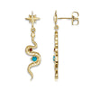 14K yellow gold snake earrings with turquoise and ruby, front and side profile view showing post backing