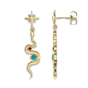 14K yellow gold snake earrings with turquoise and ruby, front and side profile view showing post backing