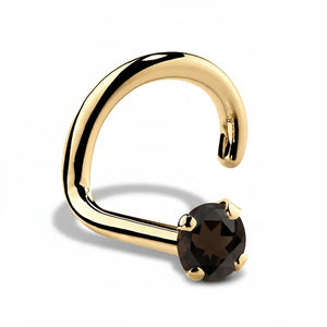 14K yellow gold smokey quartz nose ring twist style, round brown stone in prong setting, angled view