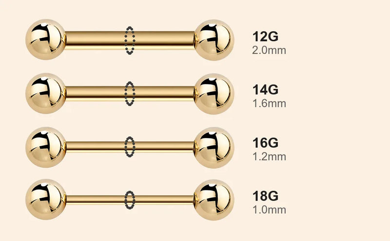 Straight barbell gauge comparison chart - 12G to 18G thickness reference