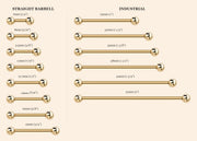 Straight barbell size chart - gauge and length reference for body jewelry