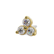 14k yellow gold trinity diamond push pin end, side-angled view showing titanium post and gold setting detail