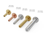 Size comparison of 14k gold flat back posts from 18G 5mm to 14G 11mm in multiple metal colors