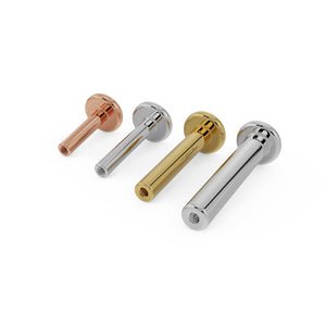 14k gold flat back labret replacement posts in rose gold, white gold, yellow gold, and silver side by side