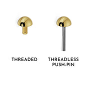 Close-up comparing threaded vs threadless push-pin backing options for 14K gold dome labret