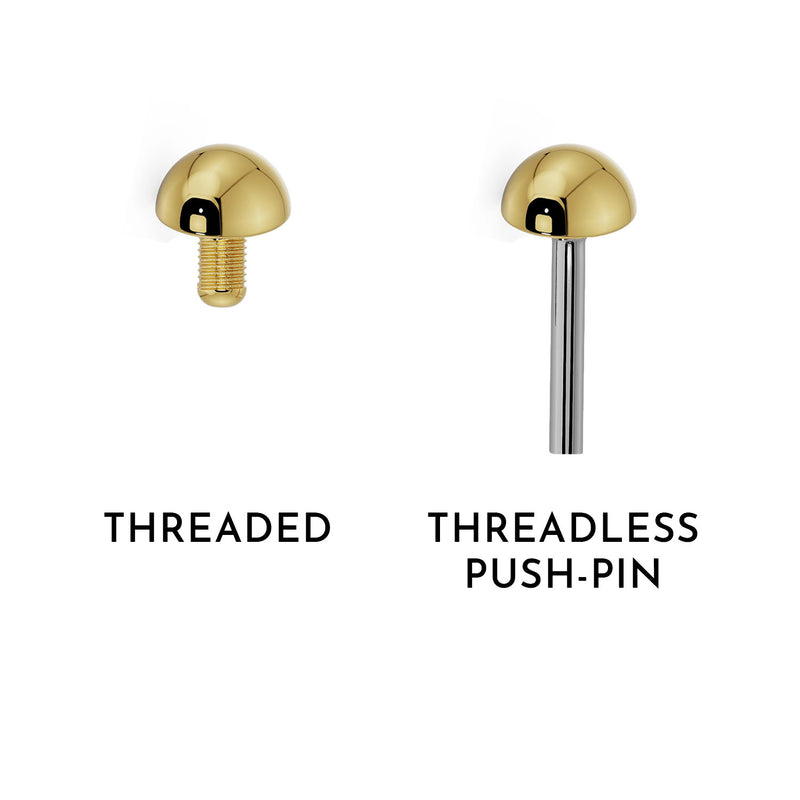 Side-by-side comparison of threaded vs threadless push-pin backing options for 14k gold dome labret stud