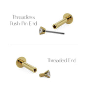 Diagram comparing threadless push-pin vs threaded flat back labret styles in 14k yellow gold