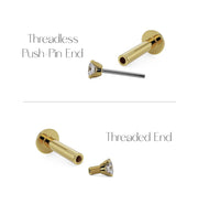 Diagram comparing threadless push-pin and threaded end styles for 14K gold diamond flat back stud