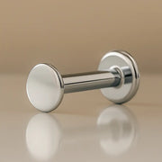 14K white gold 3mm polished disc flat back labret, angled view showing bright mirror finish