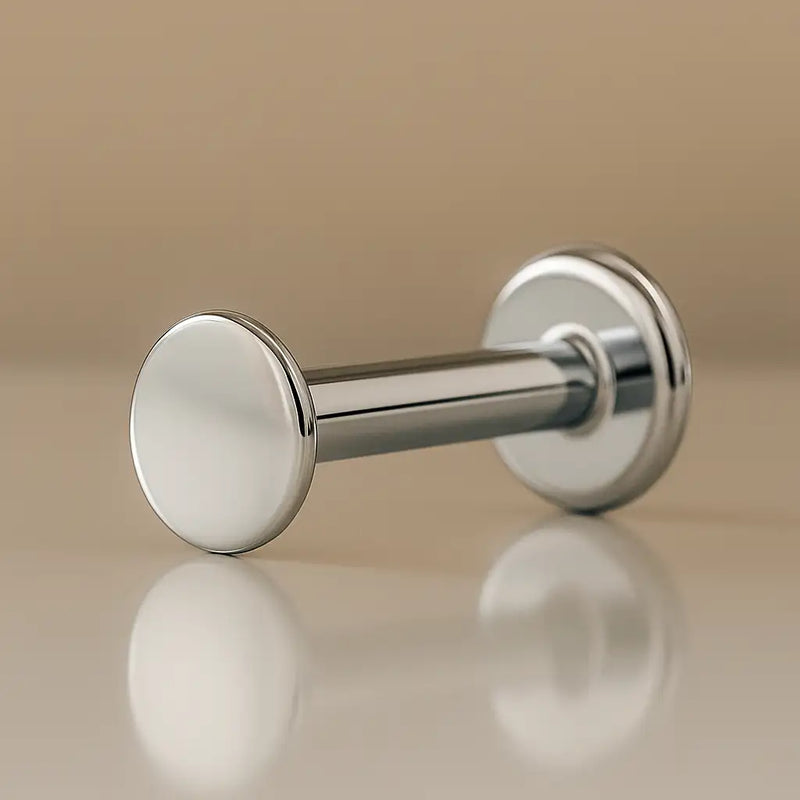14K white gold 3mm polished disc flat back labret, angled view showing bright mirror finish