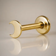 14k yellow gold crescent moon flat back labret stud, angled view showing post and flat disc backing