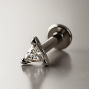 14k white gold triangle diamond flat back labret stud, angled side view showing post and flat disc