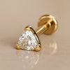 14k yellow gold 3mm trillion-cut diamond flat back labret stud, angled view showing disc backing