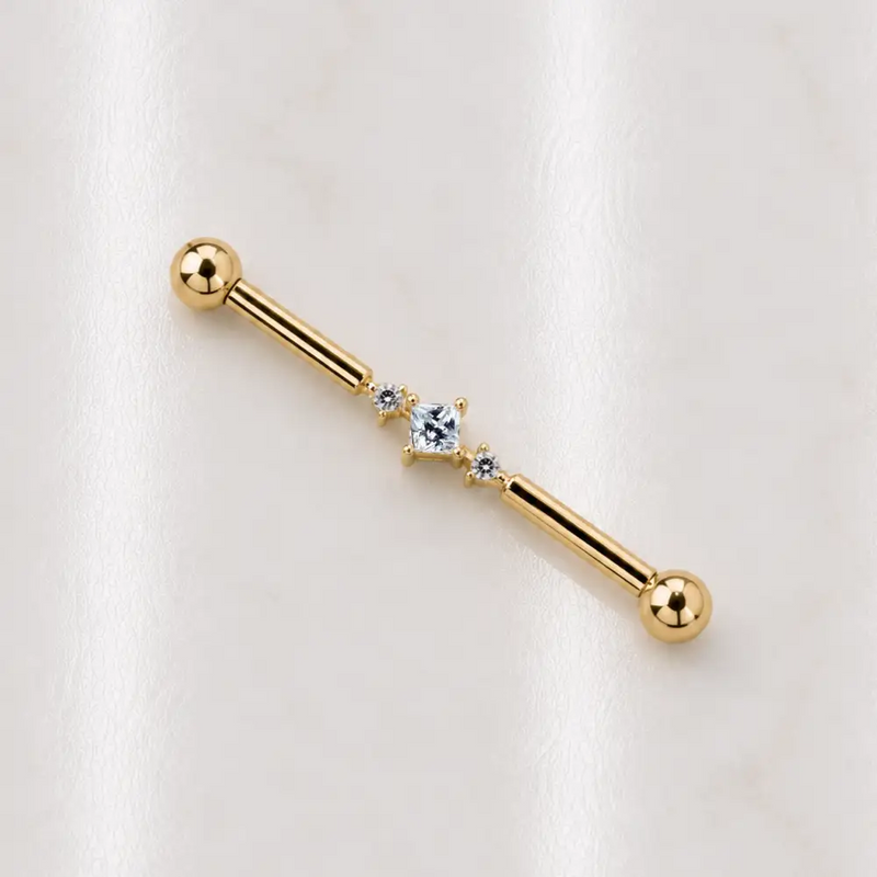Triple Cubic Zirconia 14K Gold Industrial Barbell