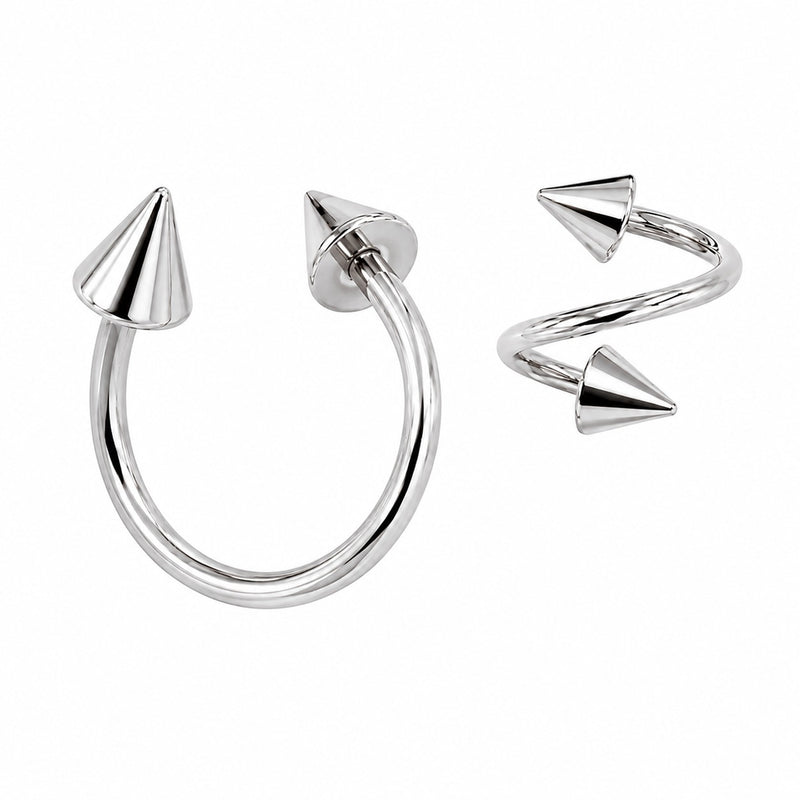 14K White Gold Spike Twister Spiral Barbell with cone spike ends