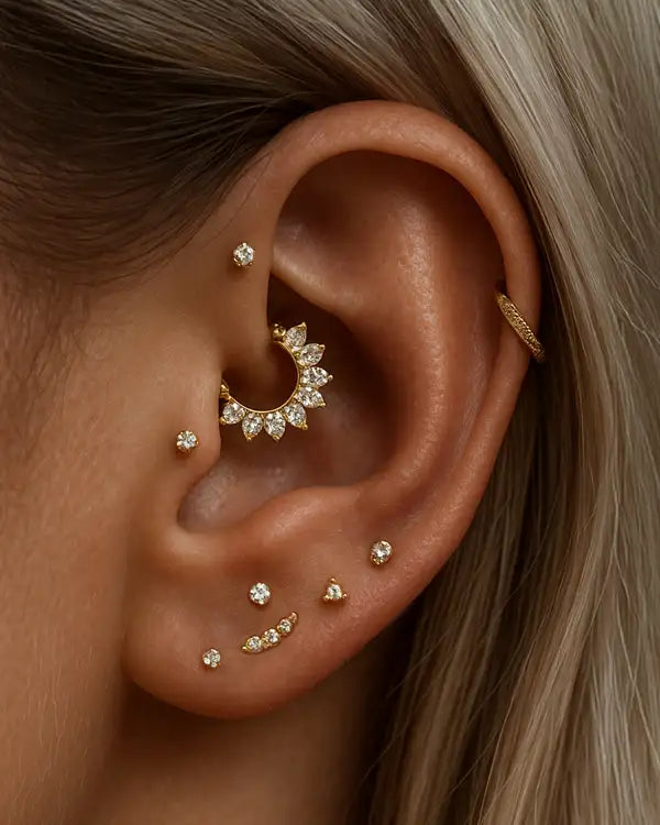 Close-up of an ear with multiple gold earrings