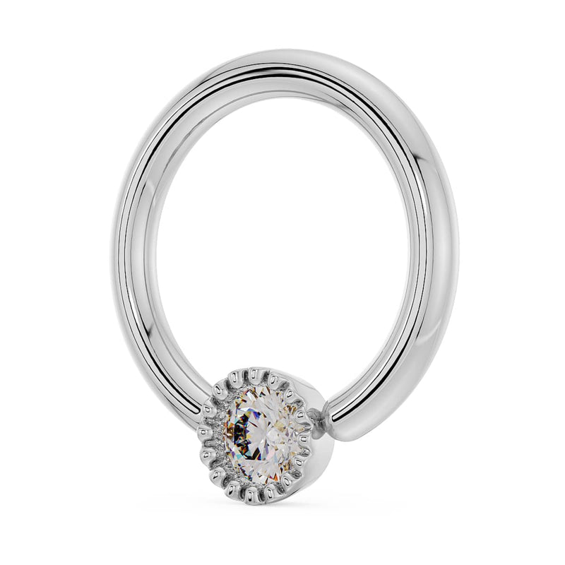 Side profile of 14k white gold diamond perlage fixed bead ring showing milgrain bezel detail and hoop curve