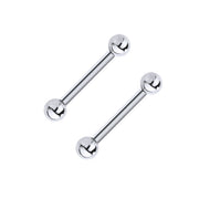 Pair of 14k white gold straight barbell nipple rings, 14G 1/2 inch, shown on white background
