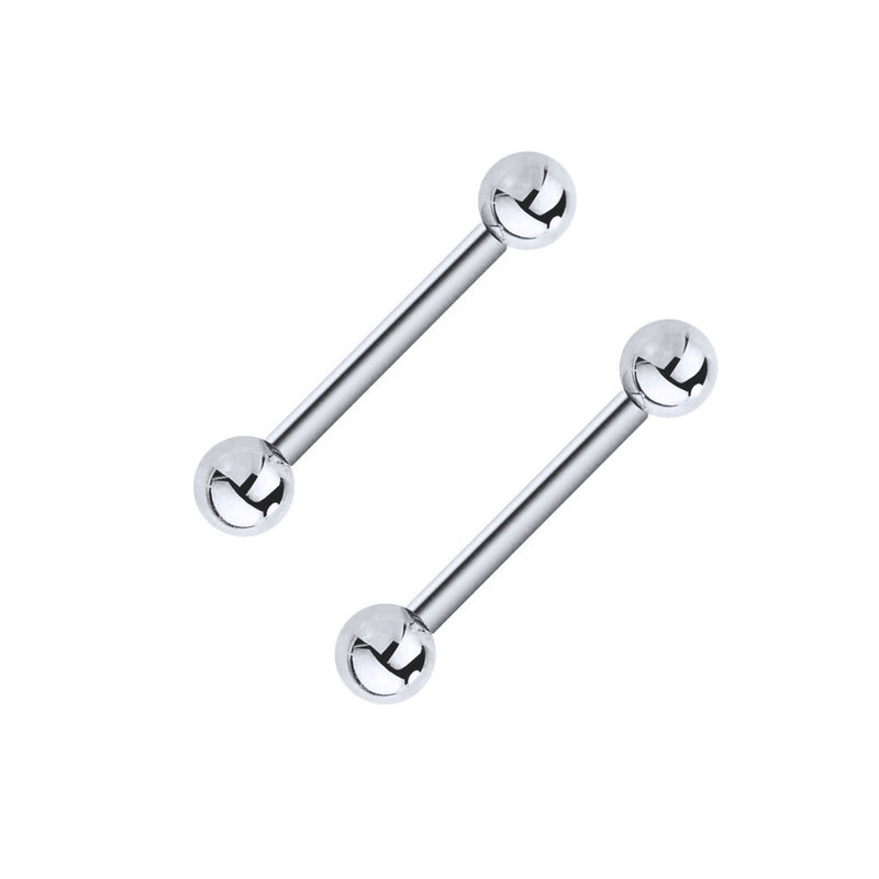 Pair of 14k white gold straight barbell nipple rings, 14G 1/2 inch, shown on white background