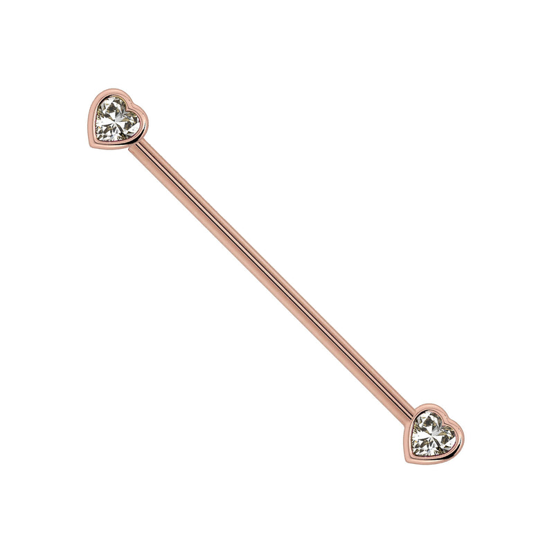 14k rose gold industrial barbell featuring bezel-set white sapphire hearts at each end