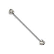14k white gold industrial barbell with dual bezel-set white sapphire heart ends, front view