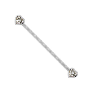 14k white gold industrial barbell with dual bezel-set white sapphire heart ends, front view