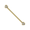 14k yellow gold industrial barbell with bezel-set white sapphire heart ends, full length view