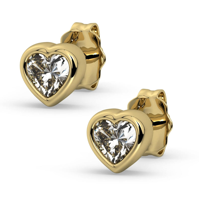 14k yellow gold white sapphire heart stud earrings pair, product render with clear brilliant stones