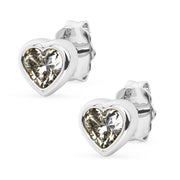 14k white gold white sapphire heart stud earrings pair, product render with brilliant clear stones in white bezels