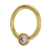 Side profile of 14k yellow gold diamond perlage fixed bead ring showing milgrain bezel and hoop depth