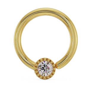14k yellow gold diamond perlage fixed bead ring with milgrain bezel setting, front view