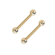 Pair of 14k yellow gold straight barbell nipple rings, 14G 1/2 inch, front view on white background
