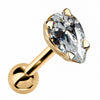 14k yellow gold pear shaped diamond cartilage stud, angled view showing prong setting and barbell post