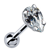 14k white gold pear shaped diamond cartilage stud, angled view highlighting prong set teardrop diamond