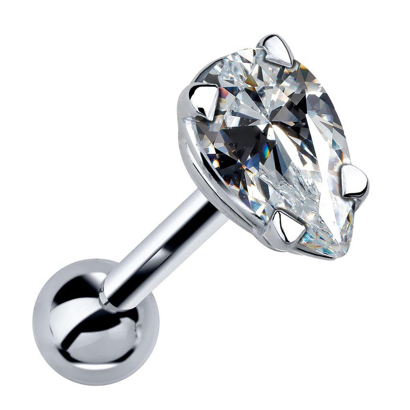 14k white gold pear shaped diamond cartilage stud, angled view highlighting prong set teardrop diamond