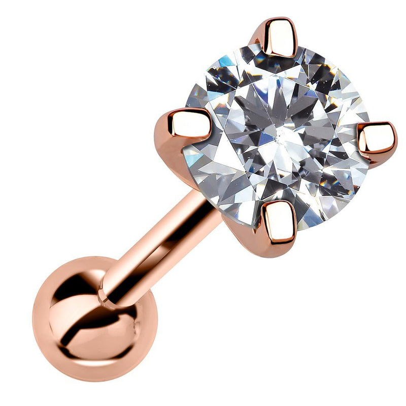 5mm diamond cartilage barbell stud in 14k rose gold with four-prong setting, angled product view