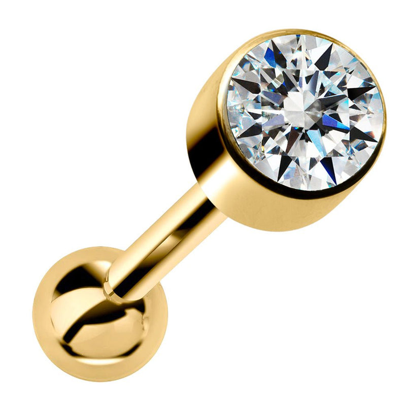 14k yellow gold bezel-set diamond cartilage stud earring with round ball backing, front view