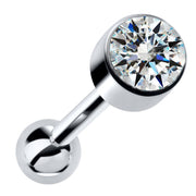 14k white gold bezel-set diamond cartilage stud earring with polished ball backing, front view