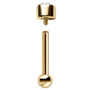 Exploded view of 14k yellow gold diamond cartilage stud showing internally threaded post and bezel top