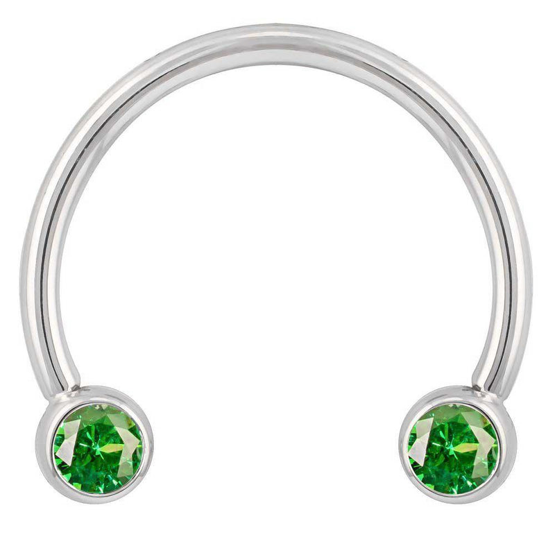 14k white gold circular barbell with green round-cut CZ bezel ends, smaller diameter front view