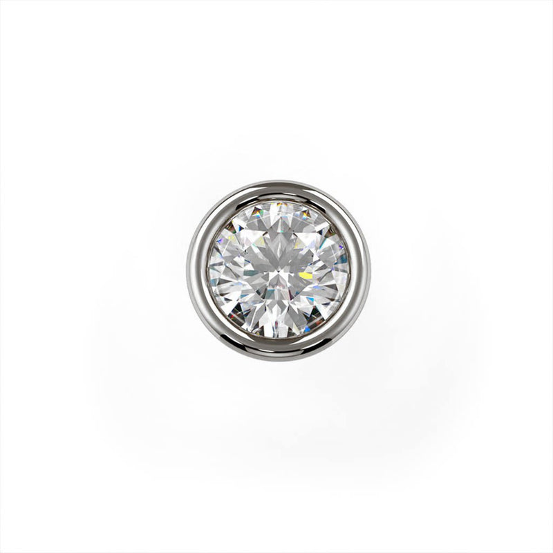 Close-up overhead view of 1.5mm VS1 diamond in round bezel setting, white gold or platinum