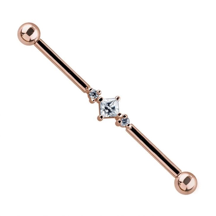 Triple Cubic Zirconia 14K Gold Internally Threaded Industrial Barbell