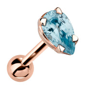 14k rose gold cartilage stud with pear-cut light blue aquamarine gemstone in 4-prong setting, angled view