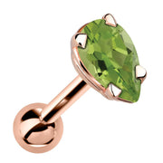 14k rose gold cartilage stud with pear-cut lime green peridot gemstone in 4-prong setting, angled view