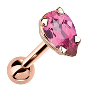 14k rose gold cartilage stud with pear-cut pink tourmaline gemstone in 4-prong setting, angled view