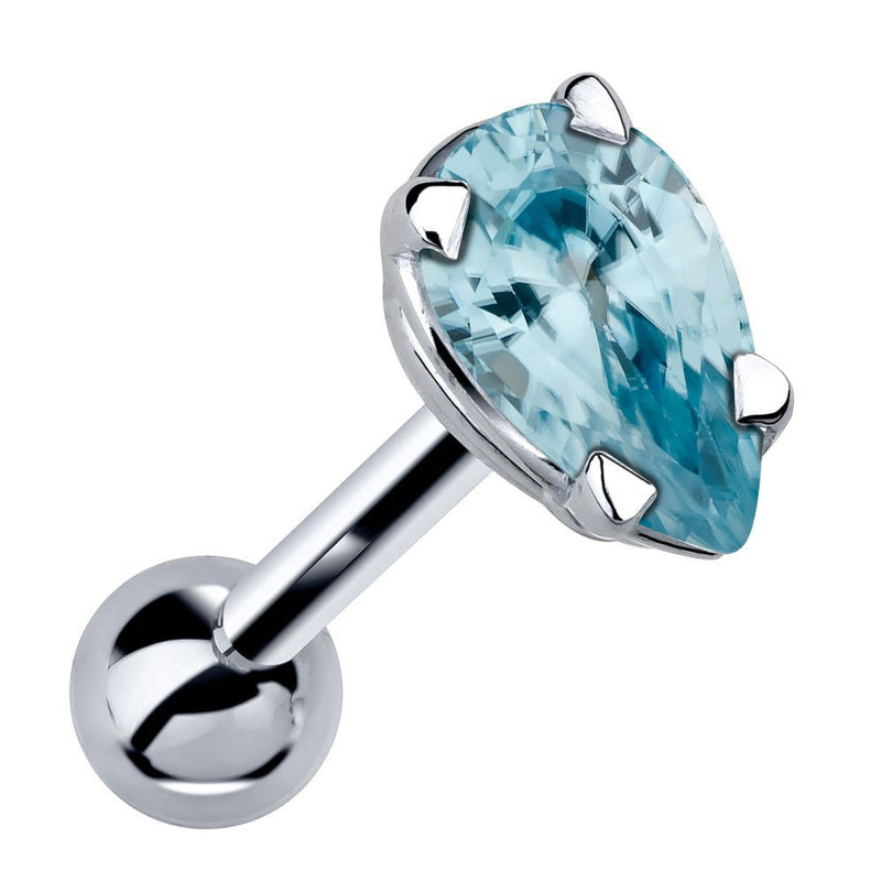 14k white gold cartilage stud with pear-cut light blue aquamarine gemstone in 4-prong setting, angled view