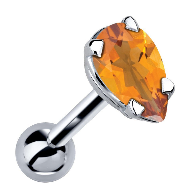 14k white gold cartilage stud with pear-cut orange citrine gemstone in 4-prong setting, angled view