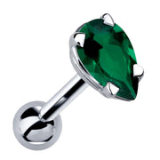 14k white gold cartilage stud with pear-cut rich green emerald gemstone in 4-prong setting, angled view
