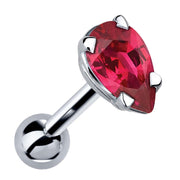 14k white gold cartilage stud with pear-cut vivid pink ruby gemstone in 4-prong setting, angled view